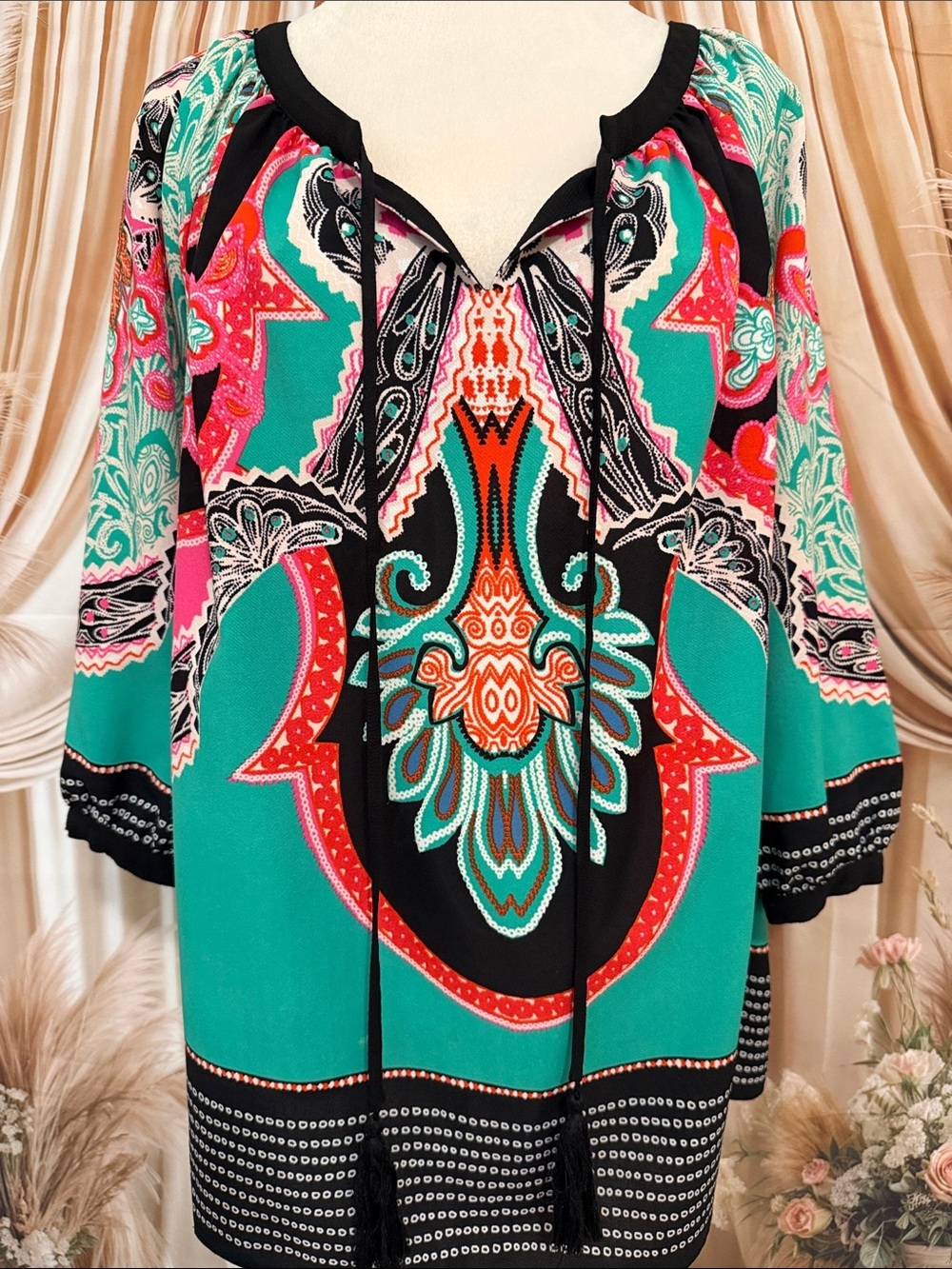 Gibson Latimer Teal, Pink & Black Paisley Tie-Front Tunic
